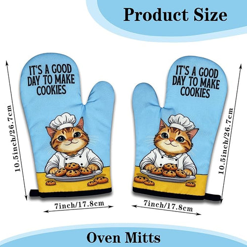 2 Pack Funny Baking Cat Oven Mitts, It's A Good Day to Make Cookies, Heat Resistant Non-Slip Mitts, Baking Gifts for Hostess, Sweet Housewarming Gifts for Women Baker Friend Cookie Lovers