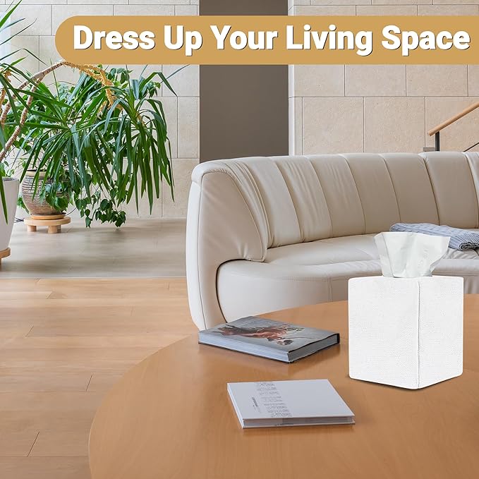Tissue Box Cover, Cute Bleach White Linen Fabric Decorative Square Tissue Box Holder/Organizer for Bathroom Vanity Countertop/Office/Nightstand/Desk