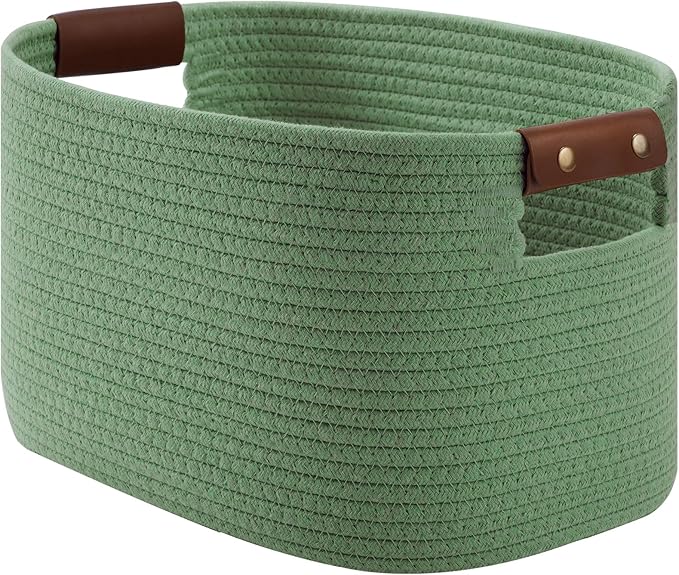 ECDYQXVU Cotton Rope Basket, Storage Baskets with Handle, 15x10x9 Inch Woven Basket for Shelves, Laundry, Towels, Clothes, Books (Green 1Pack)