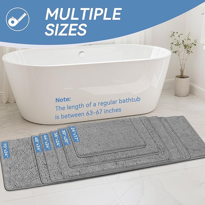 Bcoimo 48"×24" Absorbent Bath Mat, Non-Slip with Backing Chenille Bath Rug and Machine Washable Bathroom Mat Quick-Dry Design. Ideal for Bathroom and Tub Areas