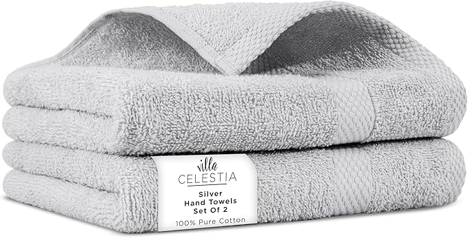 Villa Celestia 100% Cotton Hand Towel Set of 2, (16 x 28 inches) Sustainable, Soft, Highly Absorbent, Quick Drying, Combed Cotton Hand Towels Pack of 2 Ideal for Hotels, Spa, Bathroom, Dorm, Silver