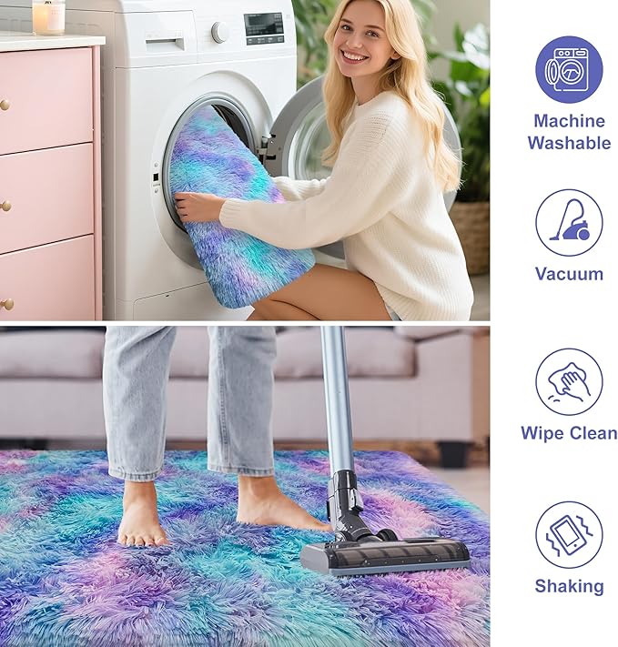 4x6ft Tie-Dyed Purple Rainbow Carpet Soft Area Rugs for Girls Room, Fluffy Colorful Rug Cute Floor Carpets Shaggy Playing Mat for Kids Baby Girls Bedroom Nursery Home Decor