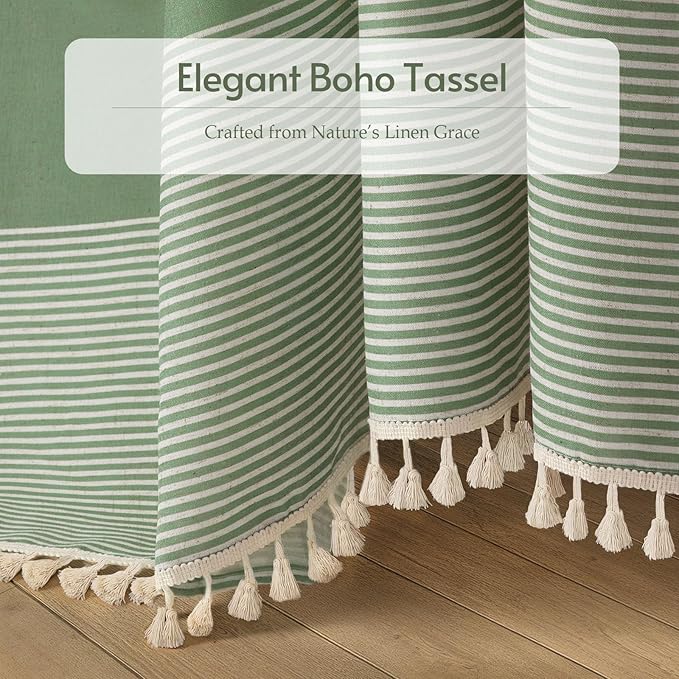 XOGUIBO Sage Green Shower Curtain Boho Linen Striped Shower Curtains for Bathroom with Tassel 72 X 84