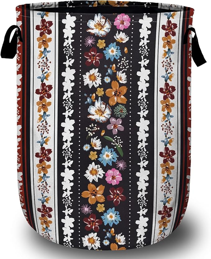 Boho Stripe Flowers Laundry Basket with Sturdy Handles, Colorful Flower Collapsible Oxford Cloth Laundry Hamper Organizer Basket for Bathroom Bedroom 15.7x20 Inch