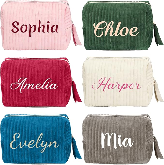 MYDREAMY Personalized Velvet Makeup Bag with Name, Custom Embroidered Cosmetic Bags for Women Girls, Initial Quilted Makeup Bag,Travel Toiletry Pouch, Gifts for Bride Bridesmaid, Birthday, Wedding