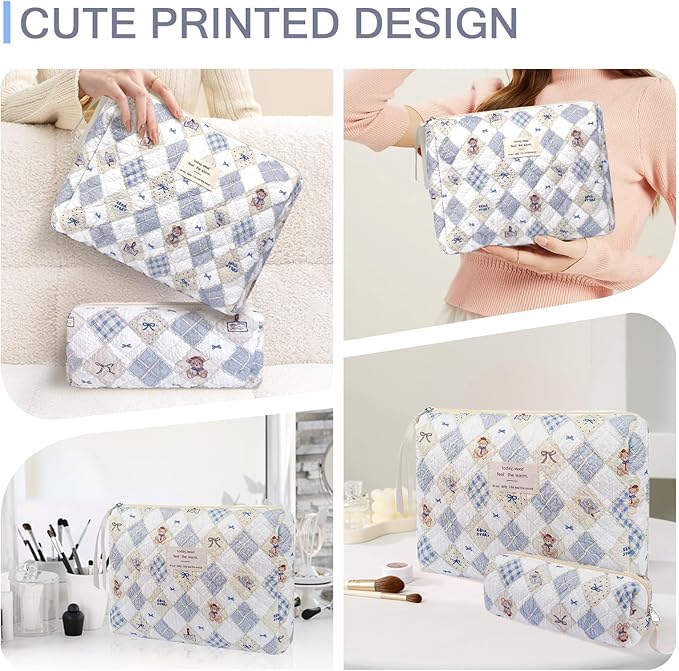 Gosect 2PC Makeup Bag Set, Cute Cosmetic Bag for Women Girls, Floral Coquette Aesthetic Toiletry Bag, Travel Make Up Organizer Bag (Care Bear)