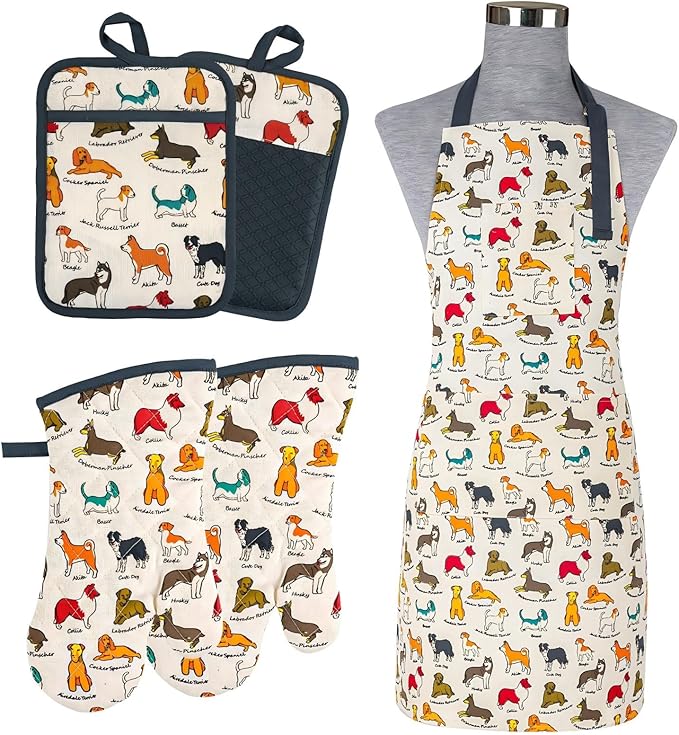 Oven Mitts and Pot Holders with Chef Apron,Set of 5 Heat Resistant Kitchen Gloves and Silicone Non-Slip Potholders Adjustable Neck Buckle Chef Apron, Cotton Nice Design for Cooking (Dog)
