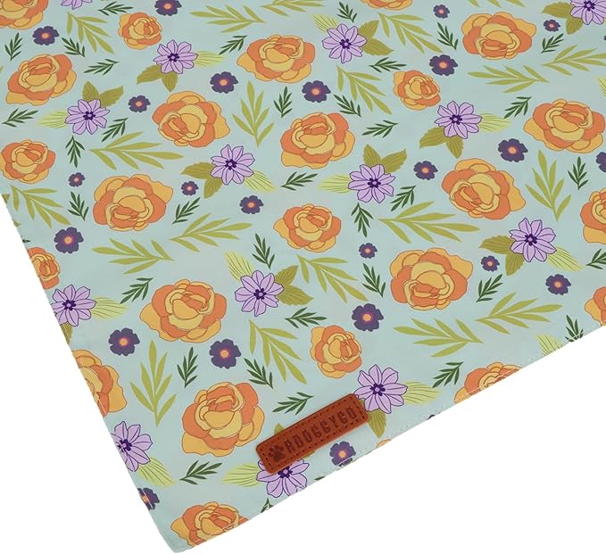 ADOGGYGO Floral Dog Bandana, Red Yellow Rose Pet Scarf, Adjustable Fit Flower Bandanas for Medium Large Dogs Pets (Large)