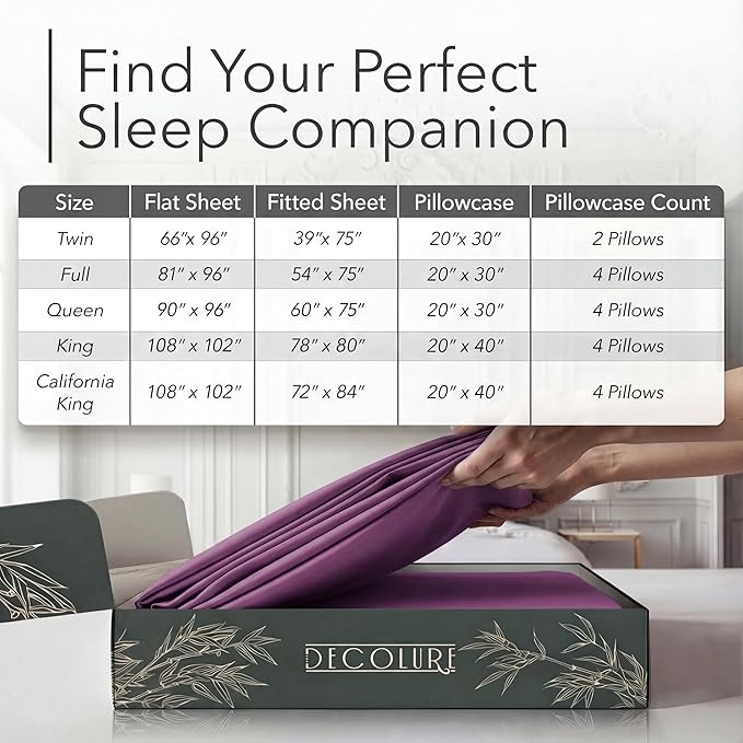 DECOLURE 100% Viscose Derived from Bamboo Sheets California King Size - Luxury 6 Pc Naturally Cooling Sheets, Ultra Soft Bed Set - Deep 17" Pockets, Double Stitching, Oeko Tex Standard (Purple)