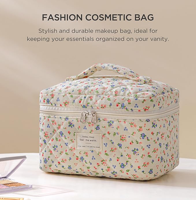 HBselect Christmas Gifts Large Quilted Makeup Bag, Cute Cotton Travel Makeup Bag with Handle, Portable Coquette Floral Make up Bags, Toiletry Organizer Make up Bags for Women Teen Girls Mom
