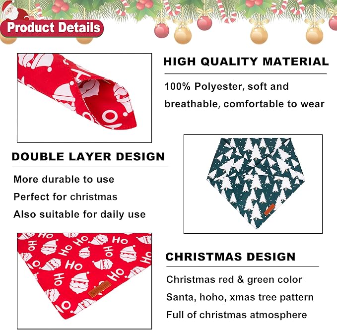 ADOGGYGO Christmas Dog Bandanas 2 Pack, Santa Tree Dog Christmas Scarf Bib, Premium Durable Fabric, Pet Holiday Bandanas for Large and Extra Large Dogs (X-Large)