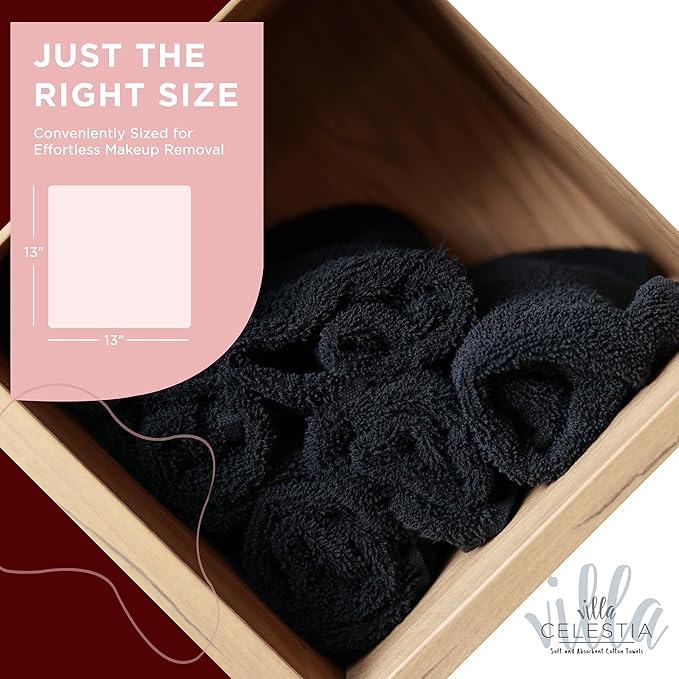 Villa Celestia Black Makeup Remover Towels Set of 4, 100% Soft Cotton Reusable Luxury 4 Pcs Makeup Wipes for Face, Ideal for Salon, Bath, Hotel, Spa, Washcloths for Face Pack of 4 (12"X12")