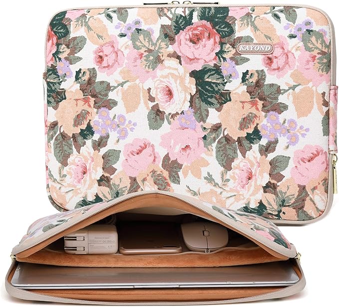 Kayond Canvas Water-Resistant 14 Inch Laptop Sleeve case for 14.1inch Notebook Compute (14-14.1 inch, White Camellia)