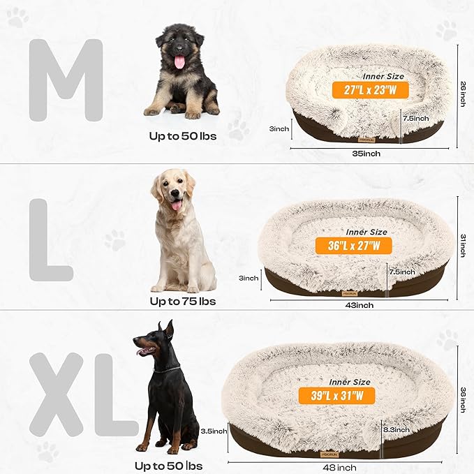 Miorun Fluffy Orthopedic Dog Bed for Small & Medium Dogs, Calming Plush Sofa Bed with Curved Bolster Support and Egg-Crate Foam Base, 35" Cozy Oval Pet Donut Bed with Washable Cover, Coffee