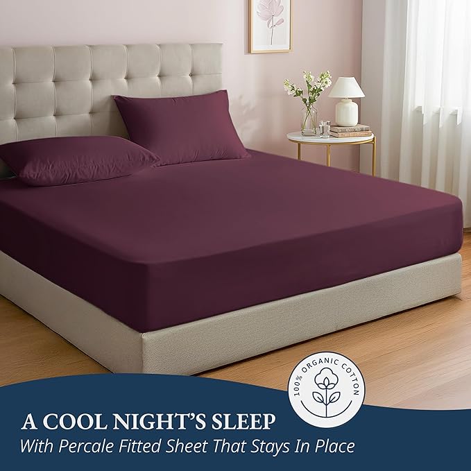 LANE LINEN Queen Size Fitted Sheet, 3-Piece Set (1 Fitted Sheet, 2 Pillowcases), 100% Organic Cotton, Percale Weave, Soft & Breathable, Fits Mattress Upto 15" Deep - Windsor Wine (No Flat Sheet)