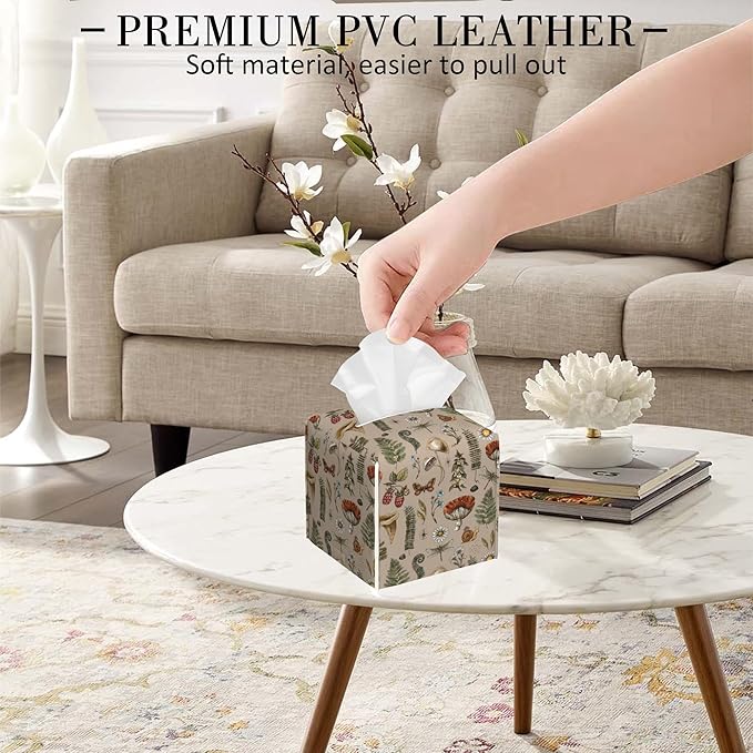 POIUBLE Woodland Fern Mushroom Tissue Box Cover Leather Tissue Box Holder Square Facial Paper Organizer Dispenser for Bathroom Kitchen Bedroom Vanity Countertop Night Stands