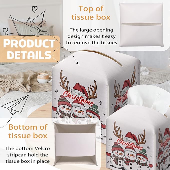 Christmas Snowman Tissue Box Holder, First Christmas as A Family of Three Leather Tissue Box Cover Square, Paper Facial Decorative Tissues Cover for Night Stands Bathroom Office Home Decor-B02
