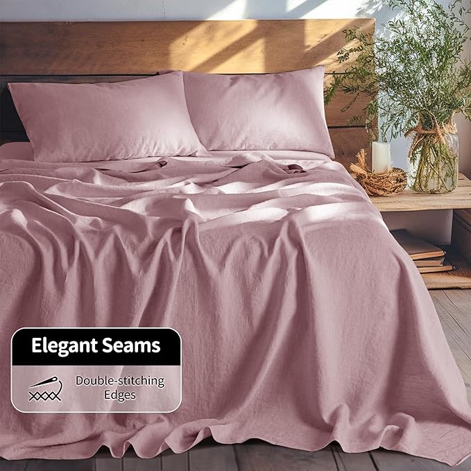 LBRO2M 100% Linen Sheet Set California King Size,Bed Sheets 4 Piece Sets,Solid Color Natural Flax Bed Sheets Soft Breathable Bedding,16" Deep Pocket,All Season (Clifornia King, Embroidery Purple)
