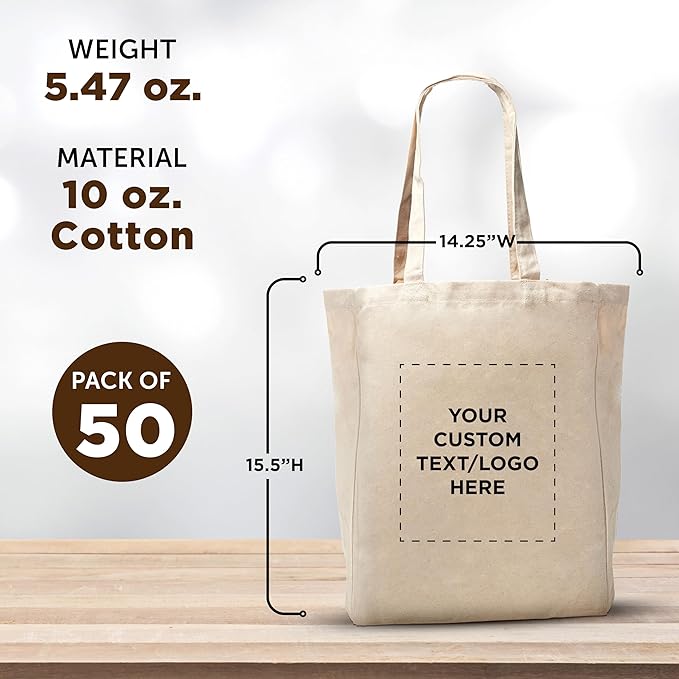 DISCOUNT PROMOS Custom Cotton Canvas Tote Bags (Set of 50) - Personalized, Reusable & Eco-Friendly - Perfect for Grocery, Promotions, Branding - Natural Color, 14.25"X15.5"X5", 10 OZ Cotton