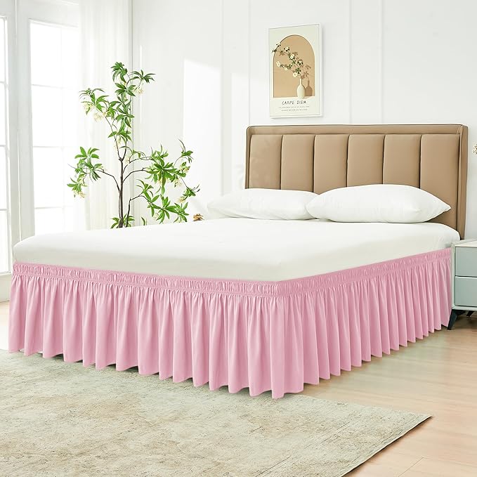 Biscaynebay Wrap Around Bed Skirts for Twin & Twin XL Beds 15" Drop, Pink Adjustable Elastic Dust Ruffles Easy Fit Wrinkle & Fade Resistant Silky Luxurious Fabric Machine Washable