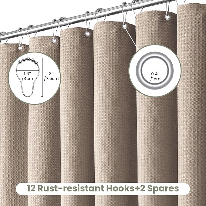 Inhousolu Fabric Shower Curtain Waffle Weave, 230 GSM Heavy Duty, Weighted Hem, 14 Metal Hooks, Water Repellent, Machine Washable, Hotel Spa Luxury Bath Curtain Set, 72 x 72 Inch, Beige