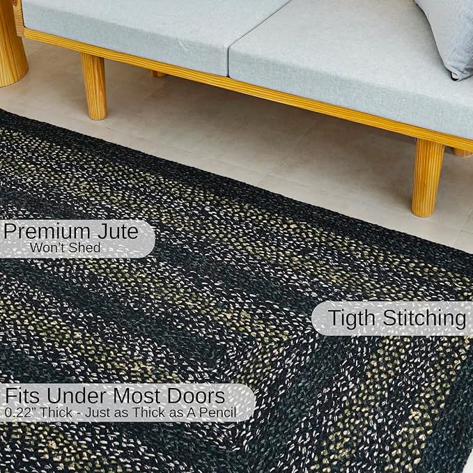 Traditional Jute Braided Rug, Rustic Country Décor for Kitchen, Living Room, Dining Room, Bedroom, Black Olive, 10'X14'