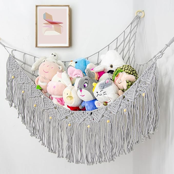 Large Stuffed Animal Hammock, Stuffed Animal Storage Toy Hammock Net for Stuffed Animals Corner, Plushie Net Hammock Toy Organizer for Boho Playroom Baby Nursery Decor