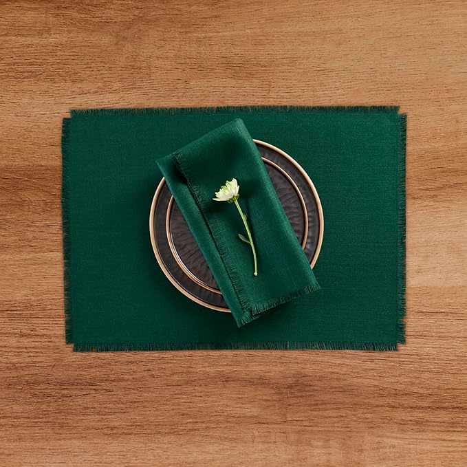 Solino Home Fringe Linen Placemats Set of 4 - Evergreen Placemats 14 x 19 Inch - 100% Pure Linen Table Mats for Winter, St Patricks Day - Handcrafted and Machine Washable