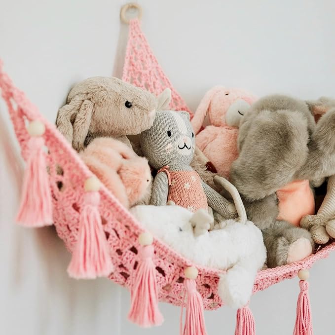 Sasa Baby and Toddler Macrame Toy Hammock for Stuffed Animals - Plushie Toy Hammock for Baby Girl Nursery Decor, Plush Hammock, Stuffy Hammock, Hanging Stuffed Animal Organizer, Sweet Pink