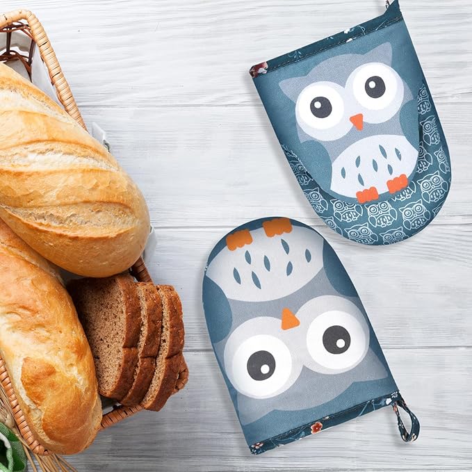 Mini Oven Mitts Cute,Silicone Oven Mitts Heat Resistant 500℉ with Non-Slip Grip and Soft Quilted Cotton Lining for Kitchen Cooking and Baking. Machine Washable-Owls Blue