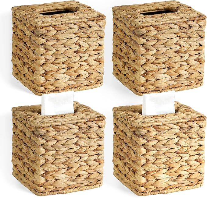 KALEKAIL 4 Pack Wicker Tissue Box Cover, Rattan Tissue Box Holder Square, Boho Decorative Woven Water Hyacinth Cube Tissue Holders