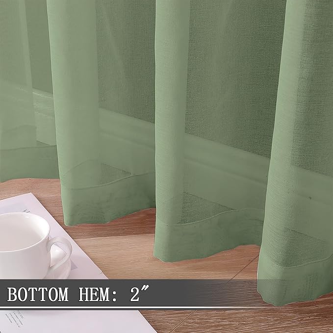 Tollpiz Short Sheer Tier Curtains Linen Textured Half Kitchen Curtain Sheers Light Filtering Rod Pocket Voile Small Curtain for Bathroom, 25 x 24 inches Long, Sage Green, Set of 2 Panels