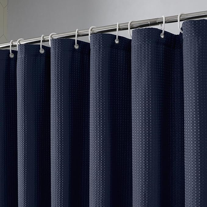 OVZME Extra Long Shower Curtain Set - 84 Inch Long Waffle Weave Heavy Duty Cloth Shower Curtain for Bathroom, Luxury Weighted 230GSM Bath Curtain Set with 12 Plastic Hooks, 72x84, Navy Blue