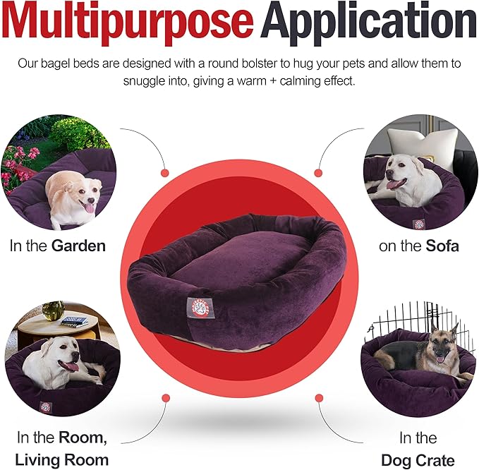 Majestic Pet 32 Inch Micro Velvet Calming Dog Bed Washable – Cozy Soft Round Dog Bed with Spine for Head Support - Fluffy Donut Puppy Mat 32x23x7 (inch) Medium – Aubergine