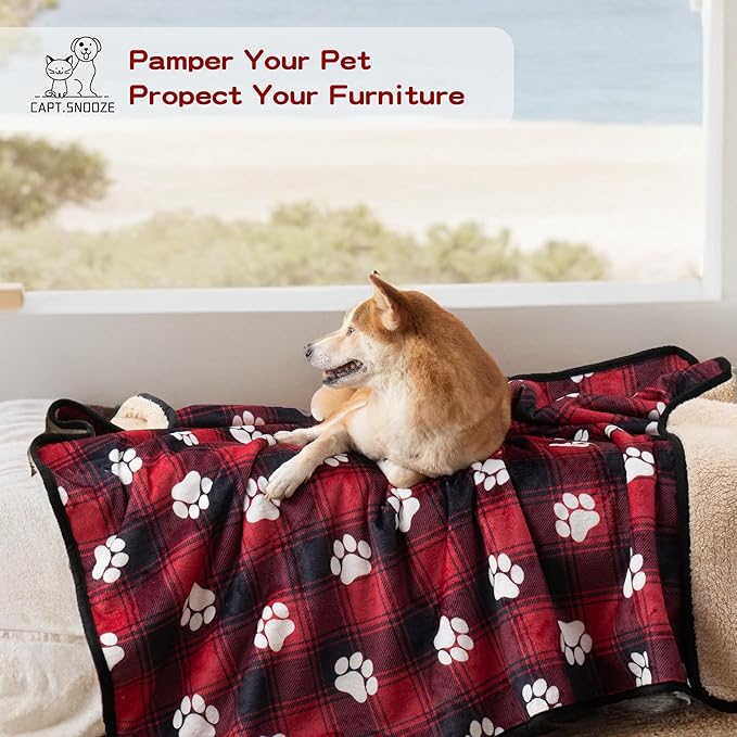 CAPT.SNOOZE Waterproof Dog Blankets Pet Blanket 60"x80", Soft Fluffy Sofa Car Bed Protector, Reversible Sherpa Fleece Dog Blanket for Large Dogs Christmas Decor(Paw Red)