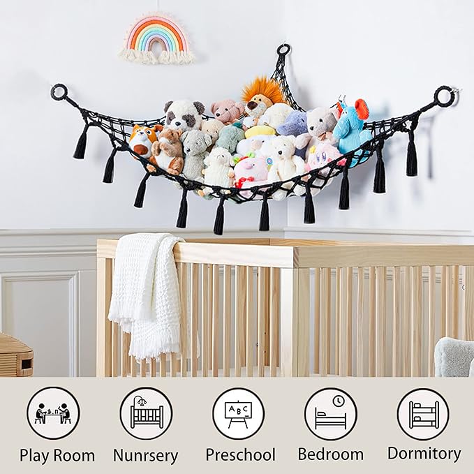 Yewiwin Cotton Stuffed Animal Organizer, Handmade Macrame Hanging Net Hammock for Toy Storage, Boho Decor Room Holder, Triangular, Black, Large, 57x42 inches, 10 lbs Capacity