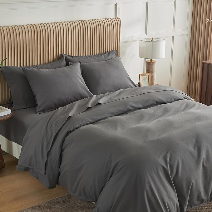 Simple&Opulence Belgian Linen Sheet Set Solid Color - 6 Pieces (1 Flat Sheet & 1 Fitted Sheet & 4 Pillowcases) 16" Deep Pocket Natural Flax Cotton Blended Soft Bedding - Dark Grey, California King