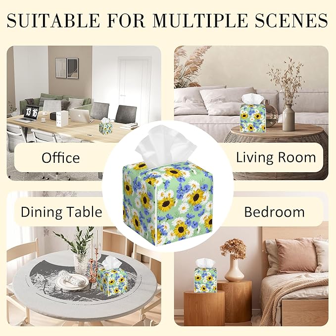 POIUBLE Tissue Box Holder Sunflowers, Cornflowers and Chamomile Tissue Box Cover Square Leather Tissue Holder Organizer Portable Decorative Facial Paper Case for Home Office Bathroom Vanity Countertop