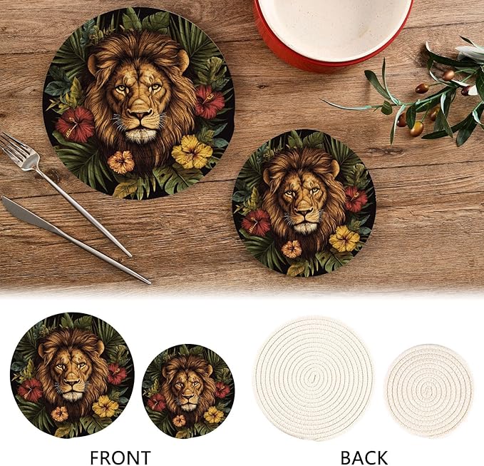 Lion Head Palm Leaves and Flowers 02 Trivets for Hot Dishes Pots and Pans Potholders Woven Trivet Cotton Round Large Pot Holder Decor Heat Resistant Hot Pads Mat for Table Counter Cooking Potho