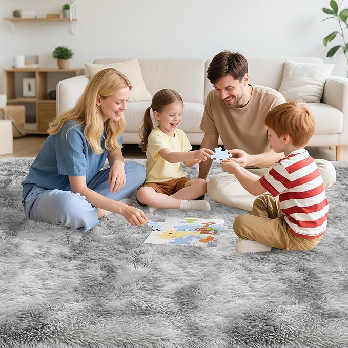 4x6 Ft Light Grey Large Area Rugs for Bedroom,Fluffy Furry Rug Floor Carpets Shaggy Playing Mat for Kids Baby Girls Room Nursery Home Decor Tie Dyed Gray Thick Rugs Fuzzy Home Decor