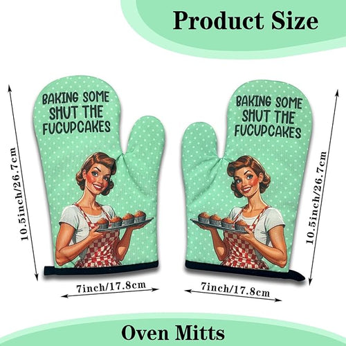 2 Pack Funny Oven Mitts for Women, Baking Some Shut The Fucupcakes, Vintage Lady Heat Resistant Kitchen Mitts, Humorous Baking Gifts for Bakers, Birthday Gifts for Mom Wife Sister Friend