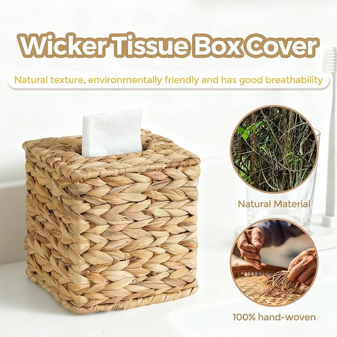 KALEKAIL 4 Pack Wicker Tissue Box Cover, Rattan Tissue Box Holder Square, Boho Decorative Woven Water Hyacinth Cube Tissue Holders