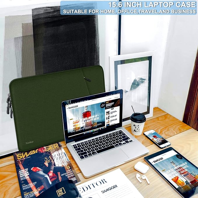 Laptop Sleeve Case, Shockproof Protective Computer Sleeve Cover with Accessories Pocket, Water Resistant Traveling Carrying 15.6 inch Laptop Bag Compatible for MacBook Dell HP Acer Lenovo, Army Green
