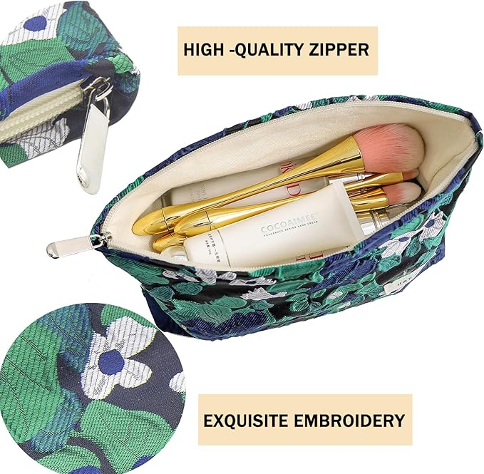 getgto 2 Pcs Makeup Bags, Large Cosmetic Bag Travel Toiletry Bag Organizer for Women, Embroidery Craft, Floral Makeup Bag Small Cosmetic Pouch Purse with Zipper Gifts for Girls Teen