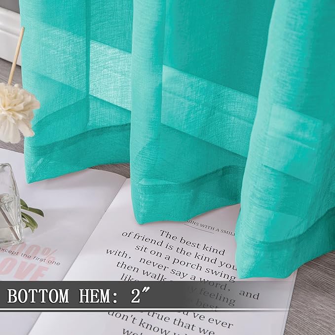 Tollpiz Sheer Curtains Linen Textured Bedroom Curtain Sheers Light Filtering Rod Pocket Voile Curtains for Living Room, 54 x 63 inches Long, Aqua Blue, Set of 2 Panels