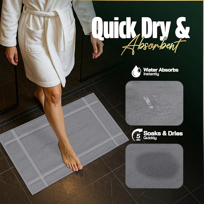 Pearl Linens 100% Ring Spun Cotton Bath Mat (Pack of 2) 20 x 30 Inch, Washable, Soft & Absorbent Terry Bathroom Floor Mat – Not Bathroom Rugs – Quick-Dry After Shower Bath Mat, 687 GSM, Light Grey