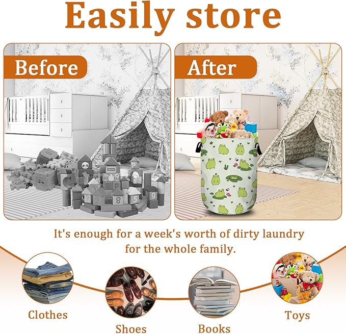 Cute Frog Laundry Basket with Sturdy Handles, Collapsible Oxford Cloth Laundry Hamper Organizer Basket for Bathroom Bedroom 15.7x20 Inch