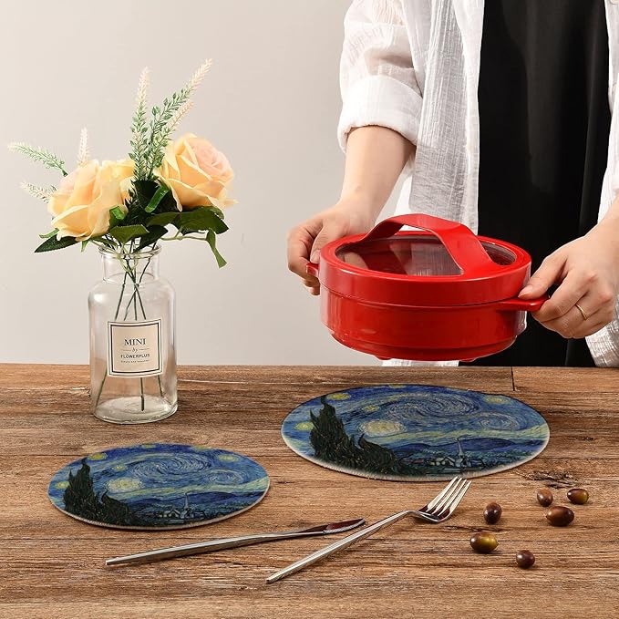 Trivets for Hot Dishes, Pots and Pans Potholders Woven Trivet Cotton Round Large Pot Holder Decor Heat Resistant Hot Pads Mat for Table Counter Cooking Potholder Set of 2 (7in + 9in) Vangogh
