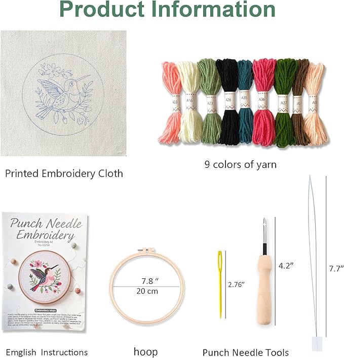 Myfelicity Punch Needle Embroidery Kit, Beginner Craft Set with Animal Pattern Design, 7.9 Inch Hoop (Hummingbird)