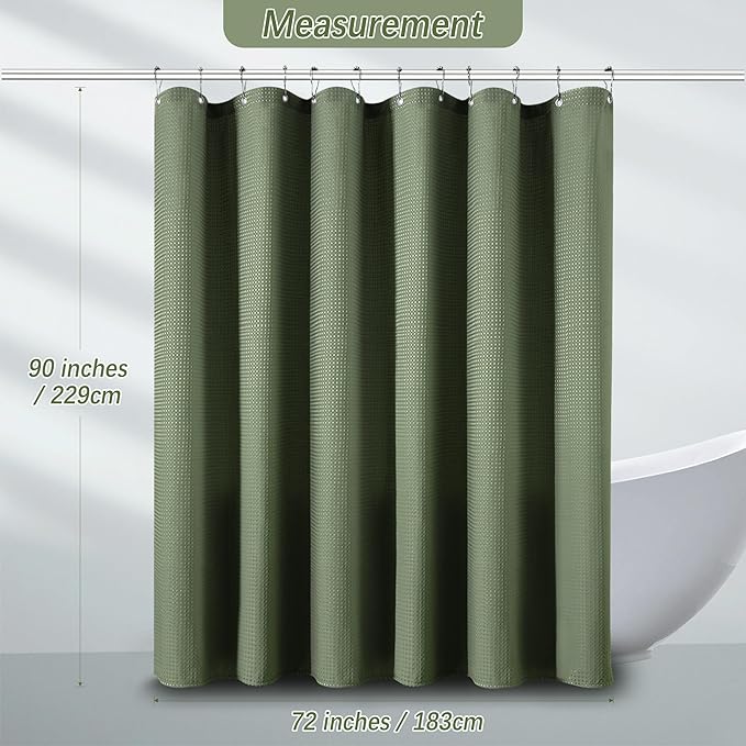 PANGSINNE Waterproof Fabric Shower Curtain Extra Long Waffle Weave Heavy Duty Bathroom Shower Curtain Set, 256GSM Weighted Thick Shower Curtain with 12 Rust-Resistant Hooks,72Wx90H Sage Green